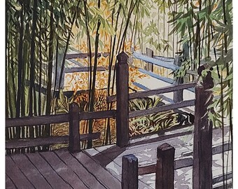 Japanese Garden, Watercolor Painting, Original Hand-Painted Art (9"x12"), Watercolor Art, Serene Artwork, Landscape Painting, Zen Garden Art