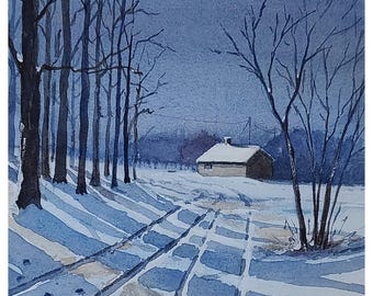 Paesaggio di baita innevata, dipinto ad acquerello, opera d'arte originale dipinta a mano (9"x12"), arte ad acquerello, scena invernale, opera d'arte serena