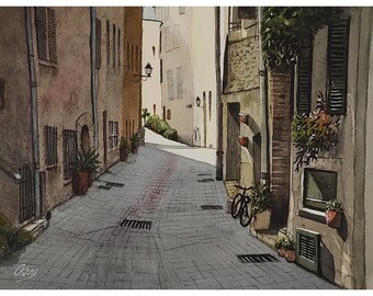 Charming Italian Street, Watercolor Painting, Original Hand-Painted Art (12"x9"), Watercolor Art, Italy Watercolor Landscape