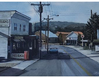 My Hometown, Watercolor Painting, Original Hand-Painted Art (12"x9"), Watercolor Art, Vintage Painting, Charming Scene, Cityscape Art