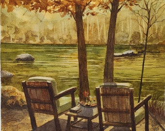 Rivier in de herfst, aquarel, originele handgeschilderde kunst (10&quot;x10&quot;), aquarelkunst, romantisch schilderen, ontspannende scène