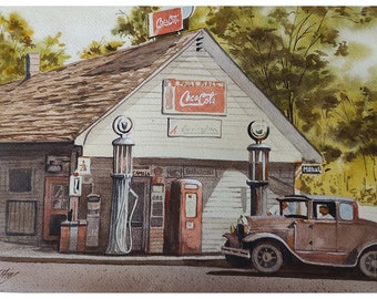 Coca-Cola Gas Station, Watercolor Painting, Original Hand-Painted Art (14"x11"), Watercolor Art, Americana Painting, Vintage Coke Scene