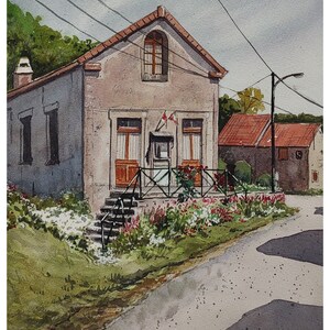 French Village, Watercolor Painting, Original Hand-Painted Art (9&quot;x12&quot;), Watercolor Art, French Townhall, Rustic Home Decor, European Art