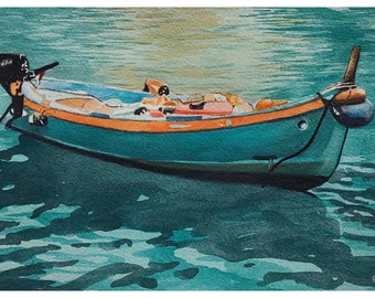 Peinture à l’aquarelle de bateau de pêche bleu | Art original peint à la main (12"x7,5")