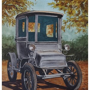 Early Electric Car, Watercolor Painting, Original Hand-Painted Art (10&quot;x14&quot;), Watercolor Art, Vintage Automobile Painting, Antique Car Art