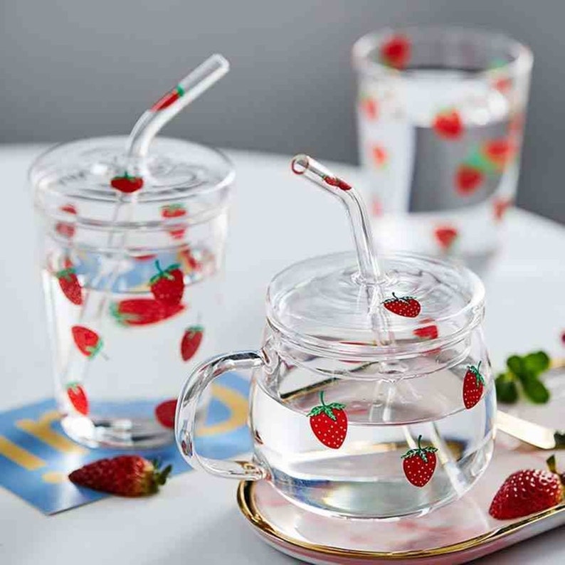 Kawaii Strawberry Glass Mug With Straw Creative High image 0