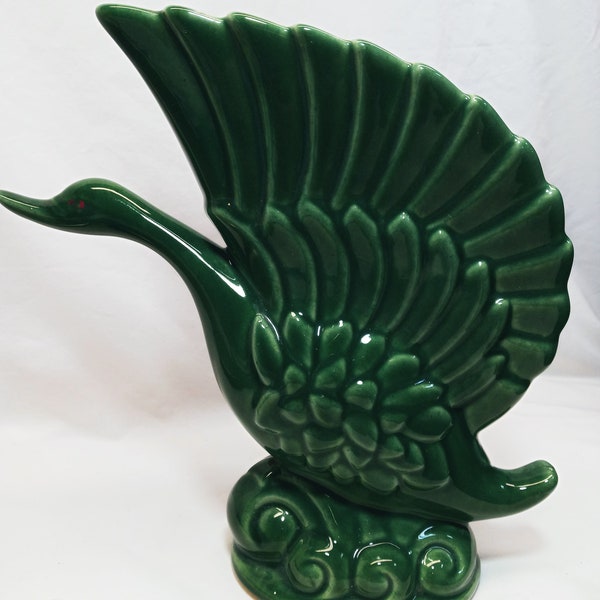 Beauceware Pottery, elegant vintage "swan wing" design, excellent retro condition, stamped, deep green color, 1950's decor.