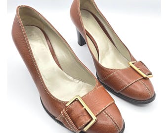 Vintage Furla Braun Leder Pumps Y2K Corporate Chic Schnalle Blockabsatz 38 US 8