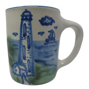 M A Hadley Pottery Lighthouse Mug Hand Painted Stoneware Low Tide Blue White VTG