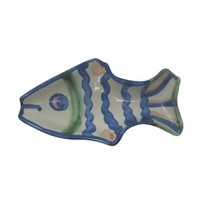 M A Hadley Pottery Hand Painted Fish Trinket Dish Spoon Rest Blue Green Signed