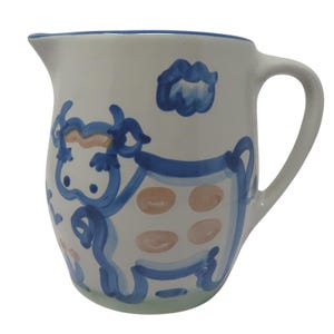 M A Hadley Stoneware Pottery Country Kuh Krug Blau Weiß The End Signiert VTG