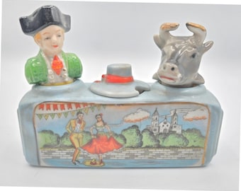 Vintage Souvenir von Mexiko Stierkampf Matador Keramik Salz Pfeffer Senf Set