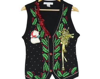 Arriviste Ugly Christmas Sweater Vest Black Cat Holly Jingle Bells VTG Medium