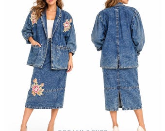 Jeansrock-Anzug, Größe L, Acid-Wash-Design, Blumenmuster, Strasssteine, 2-teilig, Vintage 80er Jahre
