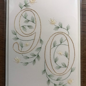 K&ouml;nnte beinhalten: Eine wei&szlig;e Gru&szlig;karte mit der Zahl 90, gestickt mit goldenem Faden. Die Zahlen sind mit gr&uuml;nen und goldenen floralen Akzenten verziert. Die Karte ist in einer transparenten Plastikh&uuml;lle verpackt.