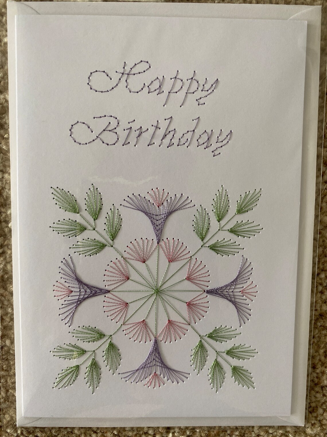 Handmade Hand Stitched Happy Birthday Card Blue Flowers or Lilac and ...