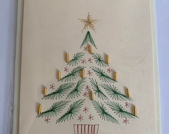 Handmade hand  stitched Christmas tree card with gold beads