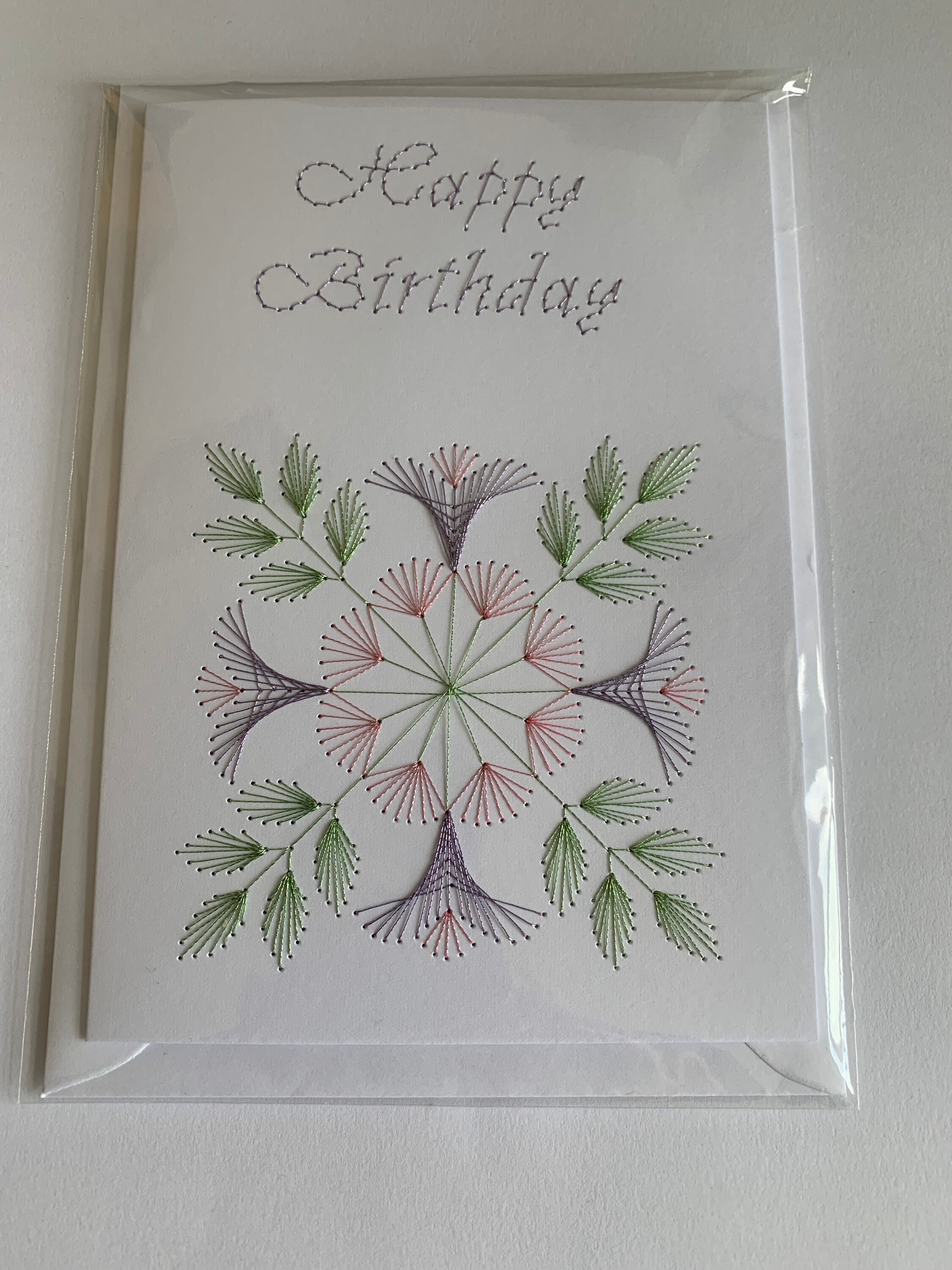Handmade Hand Stitched Happy Birthday Card Blue Flowers or Lilac and ...