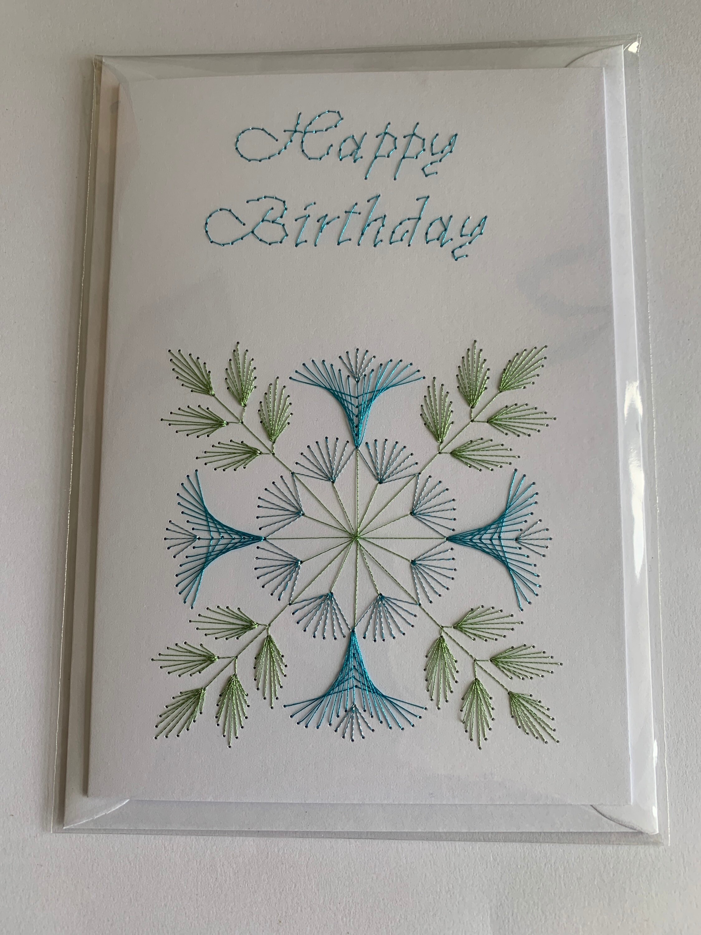 Handmade Hand Stitched Happy Birthday Card Blue Flowers or Lilac and ...