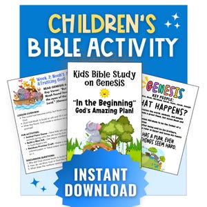 May include: A colorful printable pack for kids Bible study on Genesis. The pack includes a lesson overview, fun activities, and discussion questions. The cover image features a cartoon elephant and a rainbow.