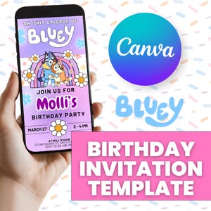 Modelo de convite de aniversário Bluey: tema Daisy Rainbow (convite editável do Canva)