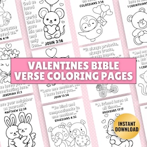 May include: Valentine's Day-themed Bible verse coloring pages. The image features several black and white illustrations of cute animals holding hearts and other Valentine's Day symbols. The text on the pages includes Bible verses and the words "VALENTINES BIBLE VERSE COLORING PAGES."