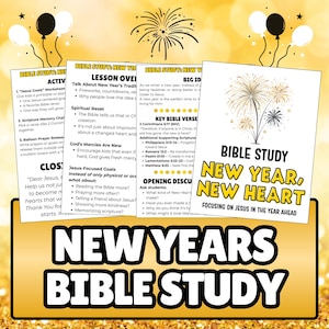 Peut inclure: Plusieurs feuilles de travail pour une étude biblique intitulée "Nouvelle année, nouveau cœur", axée sur Jésus. Les feuilles de travail sont dorées et blanches, avec des graphiques de feux d'artifice et de ballons.