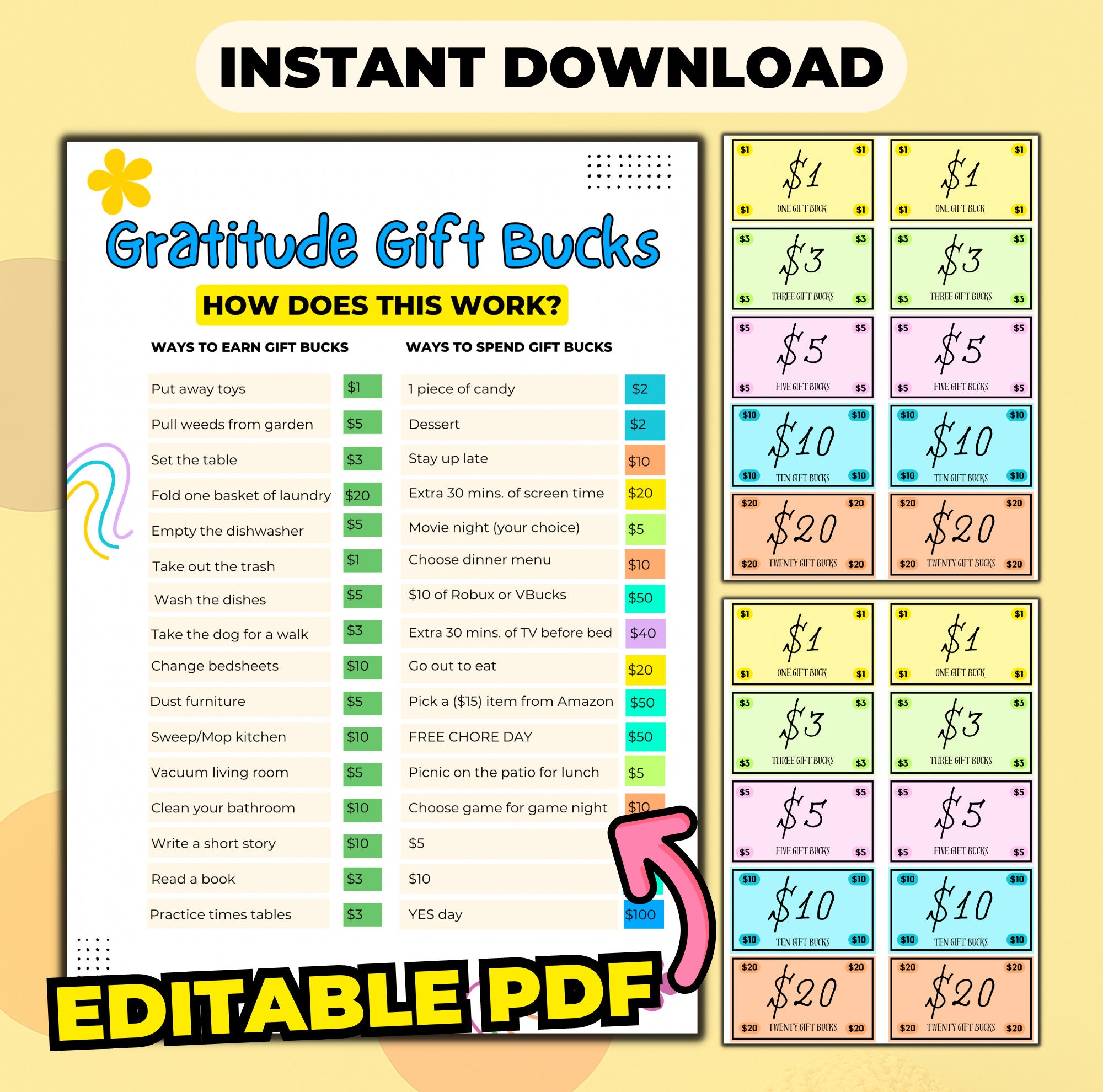 Editable Kids Reward Bucks | Printable | Mom Bucks, PDF Reward System ...