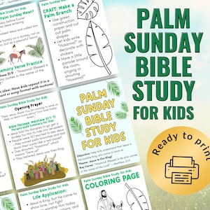 Puede incluir: Estudio bíblico del Domingo de Ramos para niños con página para colorear, actividad artesanal, versículo para memorizar y oración de apertura. El título es "Estudio bíblico del Domingo de Ramos para niños".