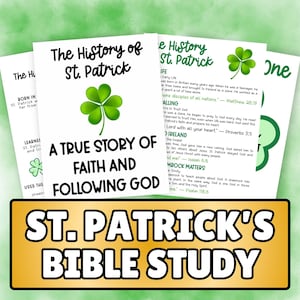 Puede incluir: Un conjunto de materiales de estudio bíblico para el Día de San Patricio. La portada presenta un trébol verde y el título "La historia de San Patricio". El texto incluye la frase "Una verdadera historia de fe y de seguir a Dios". La pancarta inferior dice "Estudio bíblico de San Patricio".