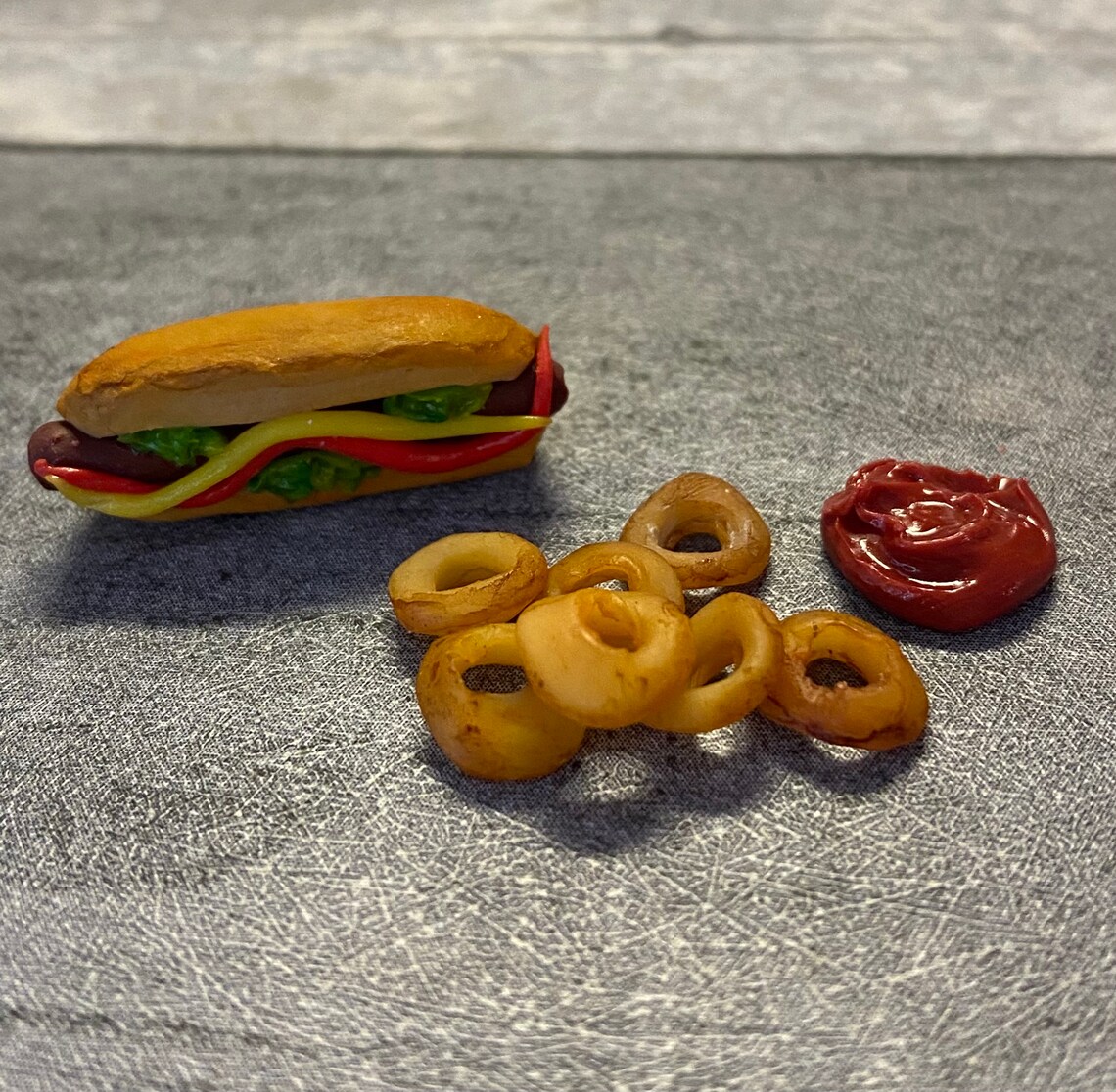 Hot dog with onion rings and ketchup Etsy