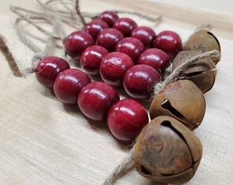 Rusty Bell & Red Wood Bead Christmas Ornaments (set of 4)