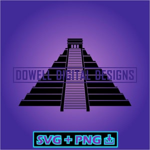 Könnte beinhalten: Schwarze Silhouette einer Maya-Pyramide mit Stufen, die zum Gipfel führen. Die Pyramide befindet sich auf einem violetten Hintergrund. Der Text "DOWELL DIGITAL DESIGNS" befindet sich unterhalb der Pyramide. Der Text "SVG + PNG" befindet sich am unteren Rand des Bildes.