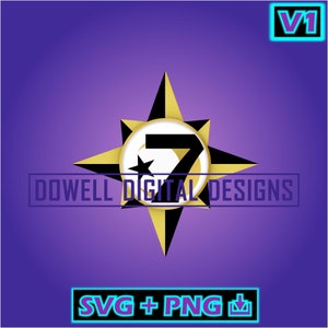Puede incluir: Una estrella dorada y negra con un círculo blanco en el centro. El número 7 está en el círculo en negro. Una pequeña luna creciente blanca y una estrella negra están en el círculo. El texto "DOWELL DIGITAL DESIGNS" está debajo de la estrella. El texto "SVG + PNG" está debajo de la estrella.