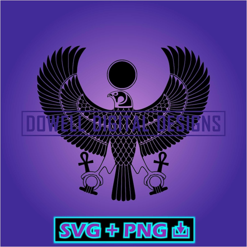 May include: Black and white silhouette of an Egyptian winged sun god with a sun disk above its head and ankh symbols on either side. The background is purple.