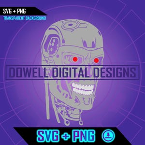 Könnte beinhalten: Eine digitale Illustration in Grau und Weiß eines Roboterkopfes mit roten Augen. Der Roboterkopf ist nach rechts gerichtet. Der Hintergrund ist ein violettes Rastermuster. Der Text "SVG + PNG" befindet sich oben und unten im Bild.