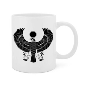 May include: White ceramic mug with a black and white image of an Egyptian god with wings and a sun disk above its head. The god is holding two ankh symbols in its talons.