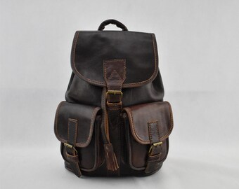 Vintage genuine leather backpack, Brown backpack 2 unisex pockets