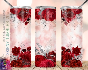 20oz Skinny Tumbler Watercolor Floral, Red Rose Flower Silver Glitter Tumbler PNG Sublimation Design Straight/Warped PNG Instant Download