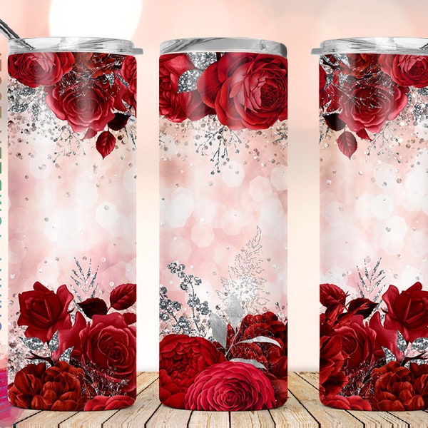 20oz Skinny Tumbler Watercolor Floral, Red Rose Flower Silver Glitter Tumbler PNG Sublimation Design Straight/Warped PNG Instant Download