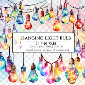Watercolor Hanging Light Bulb Clipart PNG Transparent Sublimation Designs, Colourful String Lights, Vintage Light Bulbs, Christmas Lights