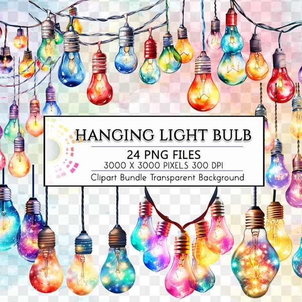 Watercolor Hanging Light Bulb Clipart PNG Transparent Sublimation Designs, Colourful String Lights, Vintage Light Bulbs, Christmas Lights