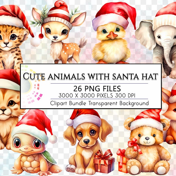 Cute Baby Animals with Santa Hat Clipart Bundle PNG Sublimation Designs, Happy Christmas with Cute Animals, Xmas Baby Animals, Animals Santa