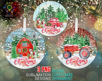 Christmas Country Farm Winter Scene Ornament Bundle PNG Sublimation Template, Red Truck, Tractor, Barn Ornament Png Design Digital Download