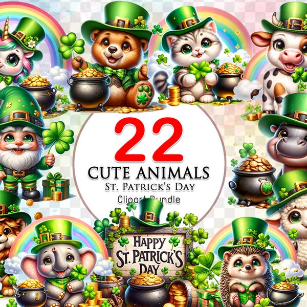 Cute Animals St Patrick's Day Watercolor Clipart Transparent Designs, Lucky Clover, Leprechaun hat,Cauldron Full Golden Coins,Rainbow Cloud