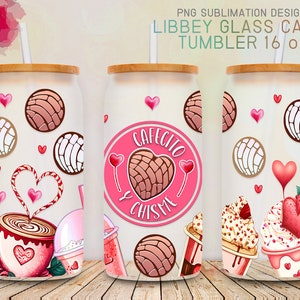 Cafecito Y Chisme 16 oz Libbey Glass Can Tumbler, Mexican Concha Valentines Coffee and Gossip PNG Files Sublimation Designs Digital Download