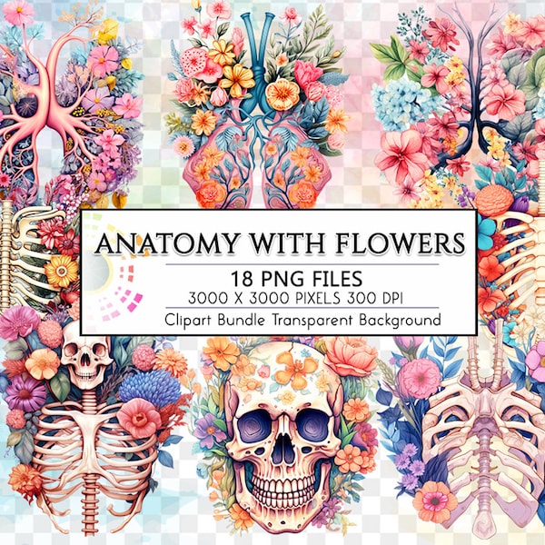 Watercolor Anatomy with flowers Pastel Color Clipart, Florals Human Organs PNG Transparent Designs, Human Lungs, Ribcage, Skeleton, Skull