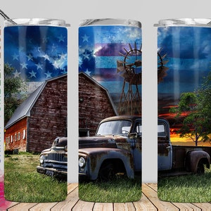 20oz Skinny Tumbler Vintage Country Farm PNG Sublimation Designs, Red Barn Farmhouse, Old Truck, American Flag Tumbler Wrap Digital Download