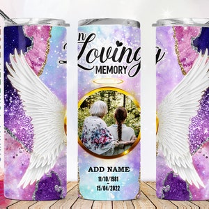 20oz Skinny Tumbler In Loving Memory Angel Wings PNG Sublimation Designs, Personalized Photo In Memory Tumbler Wrap Digital Files Download