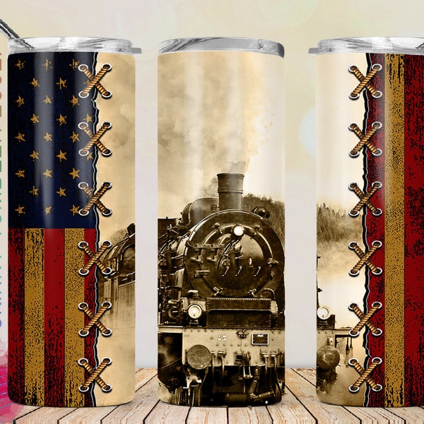 20oz Skinny Tumbler Locomotive Classic Train Distressed American Flag PNG Sublimation Designs, Vintage Train Tumbler Wrap Digital Download
